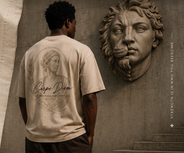Carpe Diem Clothception tee beside the half-human half-lion sculpture