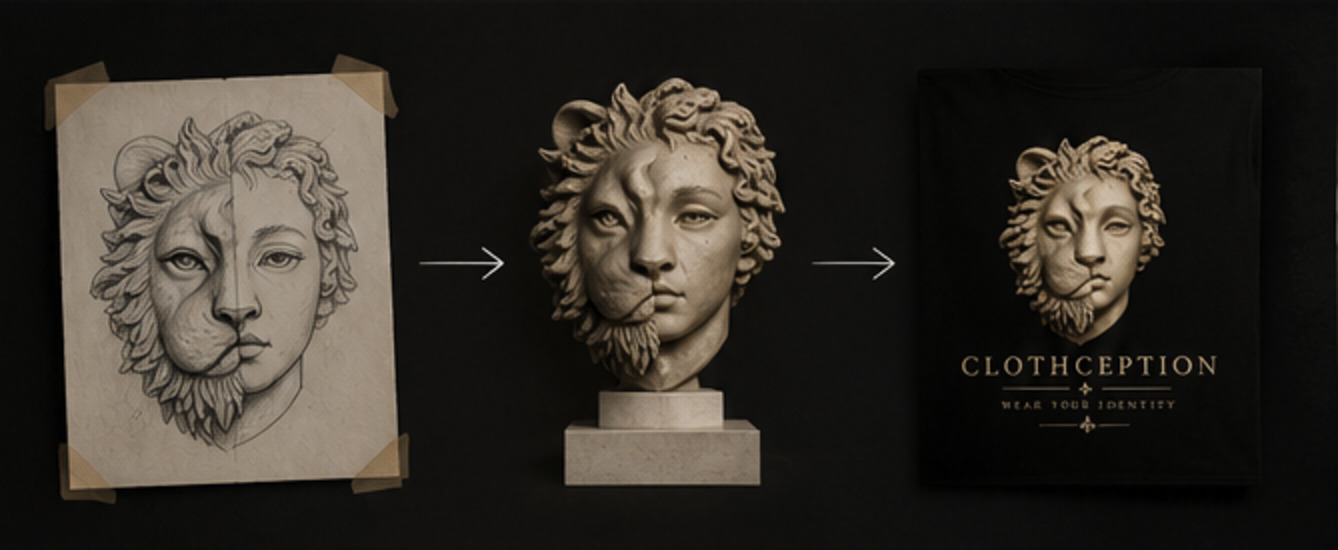 The Clothception lion-human identity evolving from drawing to sculpture to garment